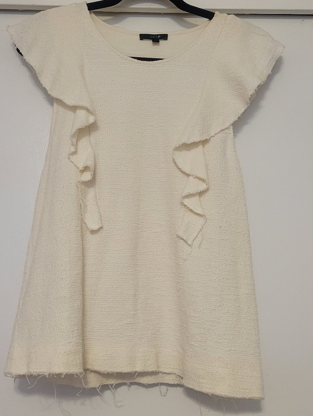 Joe’s Jeans Cream Ruffle Sleeve Top | Textured Boho Raw Hem | Size L